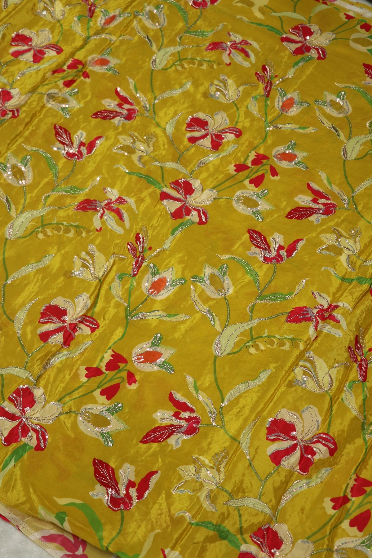 Pure Natural Crepe Floral Printed Fabric With Sequins and Zari Thread