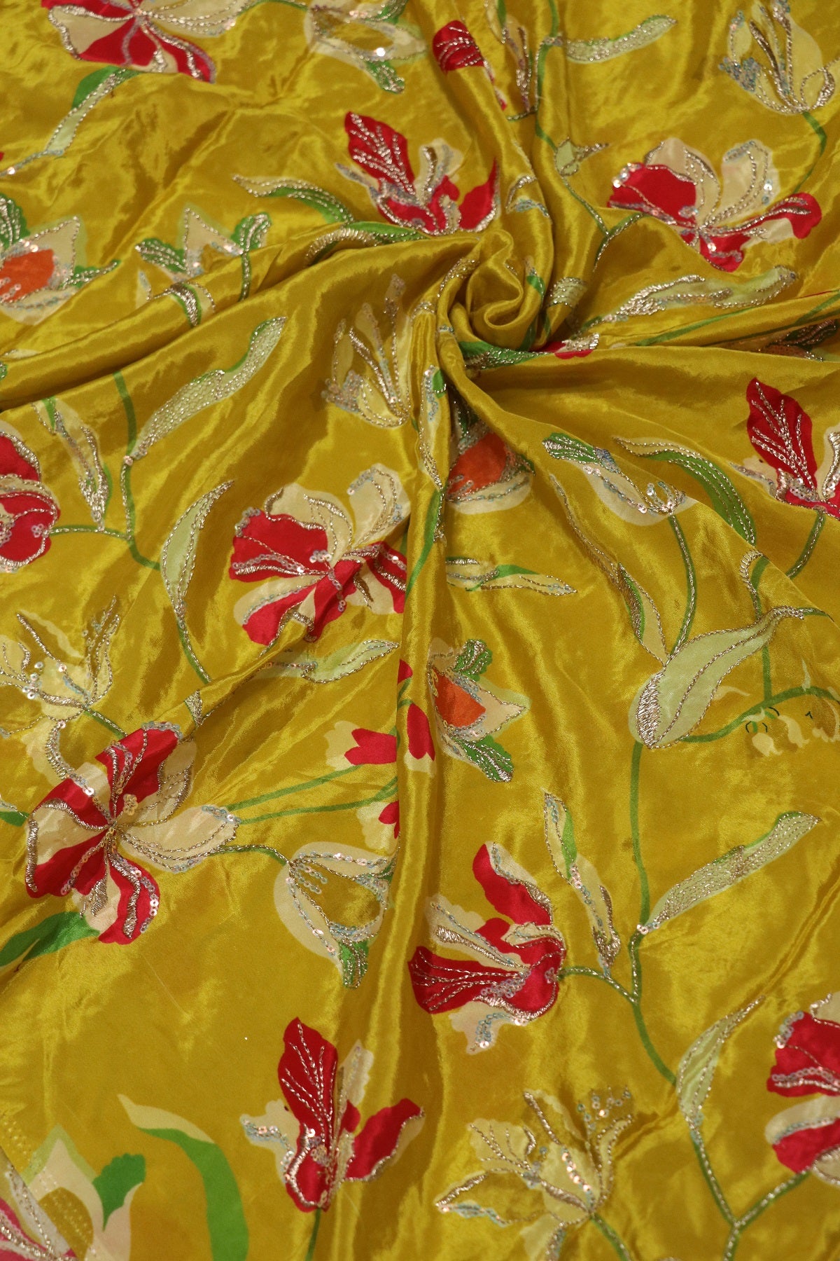Pure Natural Crepe Floral Printed Fabric With Sequins and Zari Thread