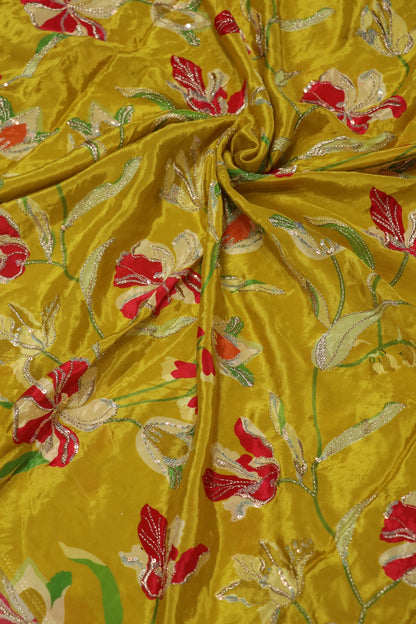 Pure Natural Crepe Floral Printed Fabric With Sequins and Zari Thread