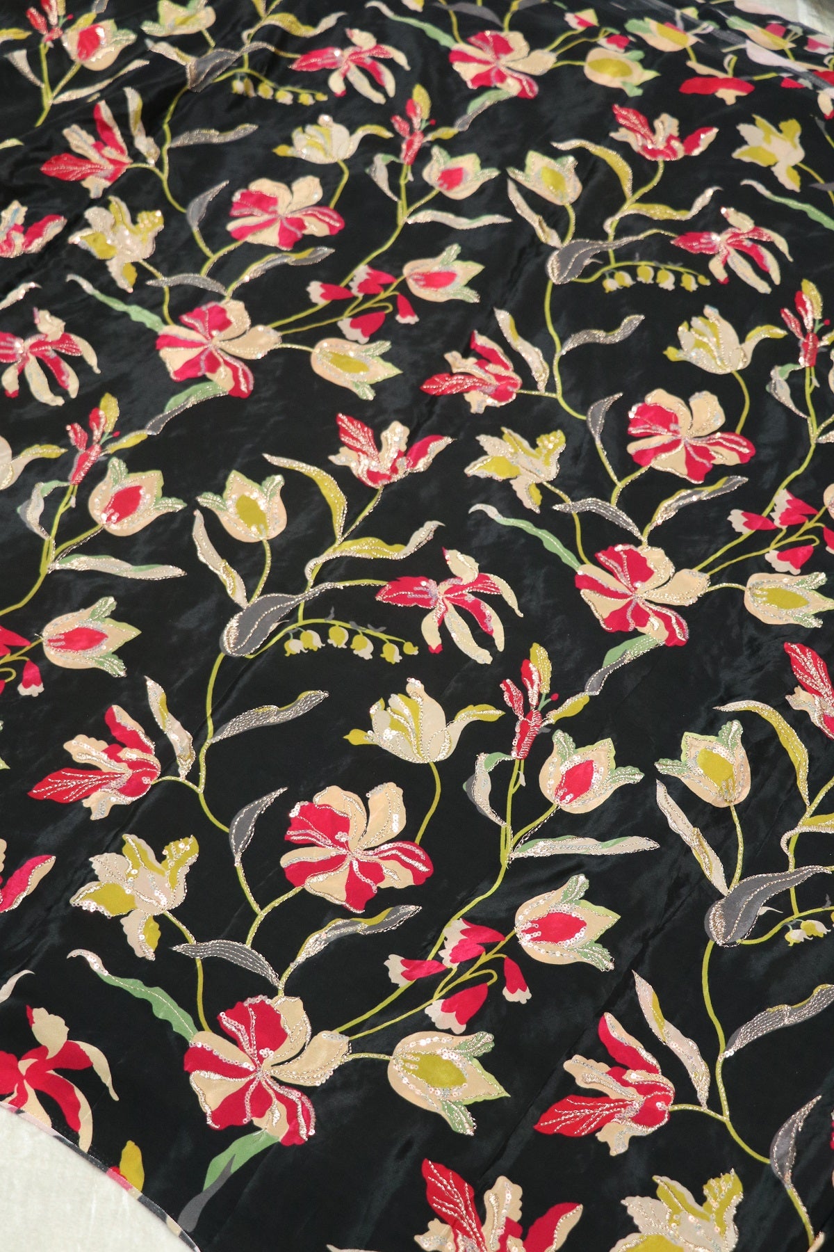 Pure Natural Crepe Floral Printed Fabric With Sequins and Zari Thread
