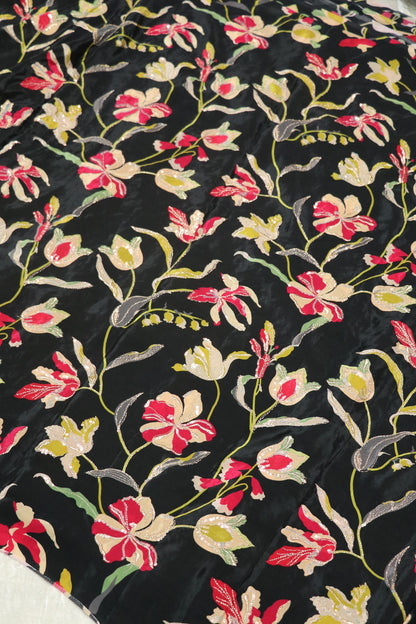 Pure Natural Crepe Floral Printed Fabric With Sequins and Zari Thread