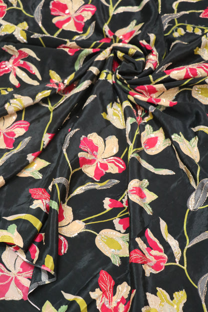 Pure Natural Crepe Floral Printed Fabric With Sequins and Zari Thread
