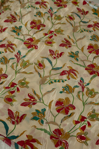 Pure Natural Crepe Floral Printed Fabric With Sequins and Zari Thread