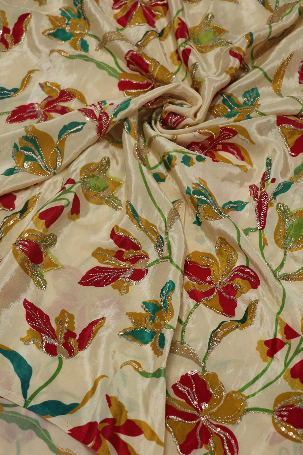 Pure Natural Crepe Floral Printed Fabric With Sequins and Zari Thread