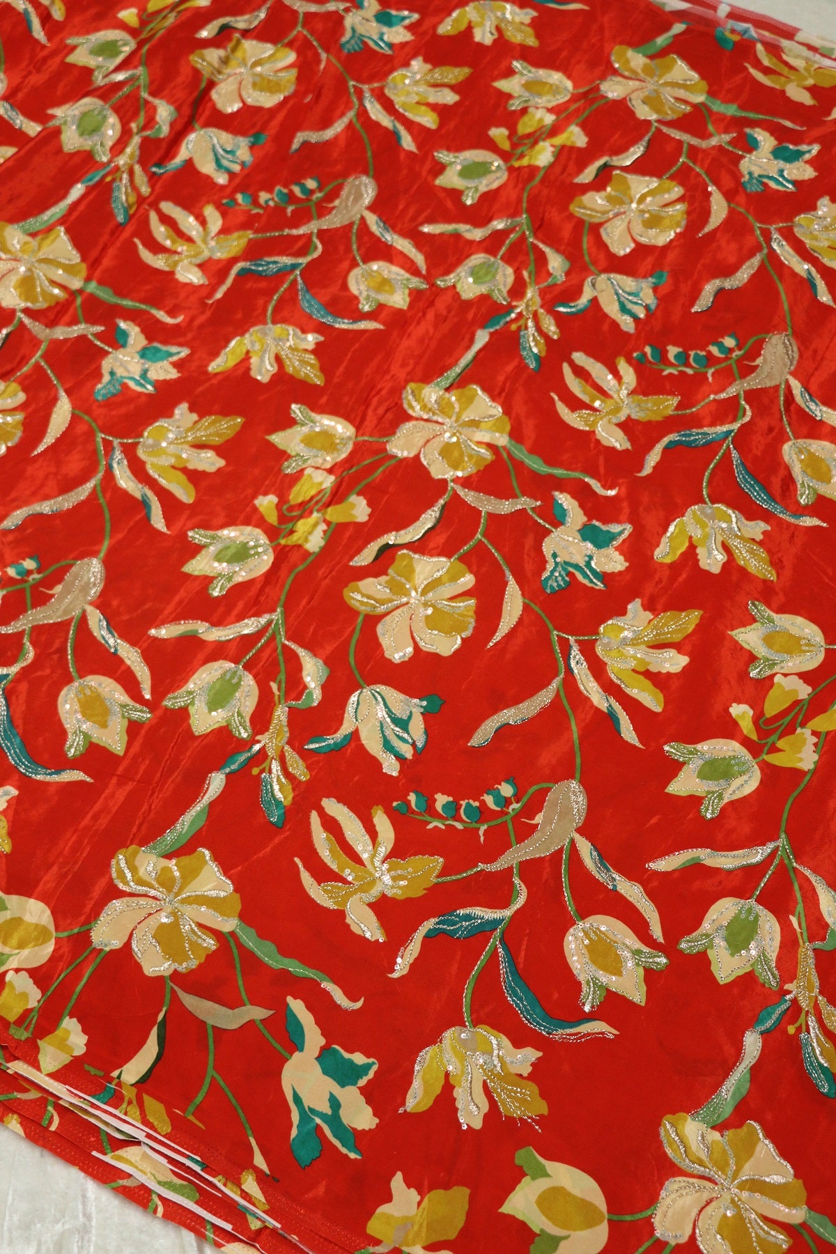 Pure Natural Crepe Floral Printed Fabric With Sequins and Zari Thread