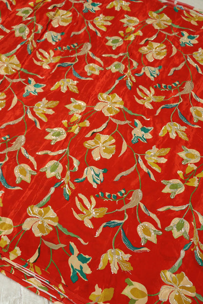Pure Natural Crepe Floral Printed Fabric With Sequins and Zari Thread