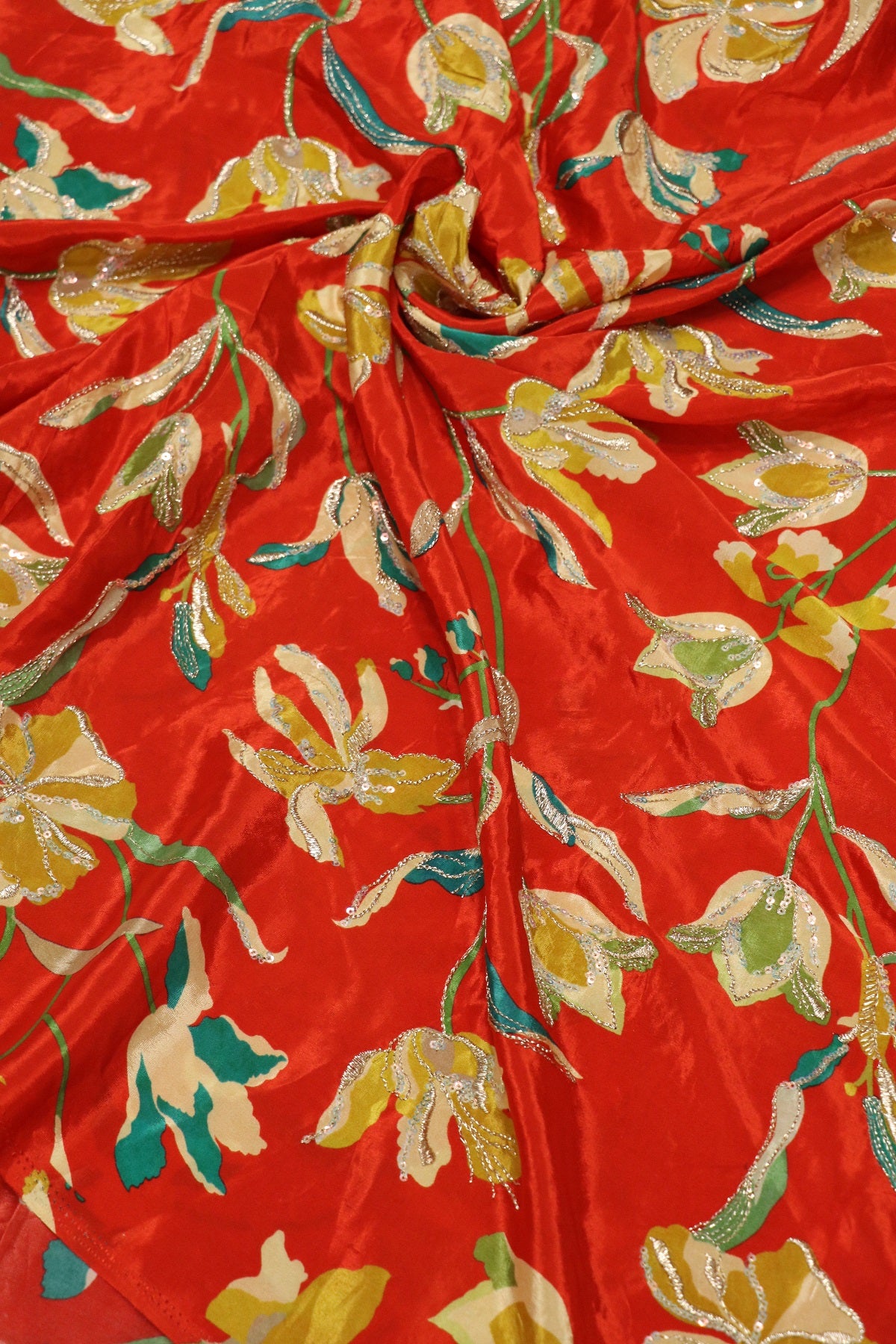 Pure Natural Crepe Floral Printed Fabric With Sequins and Zari Thread