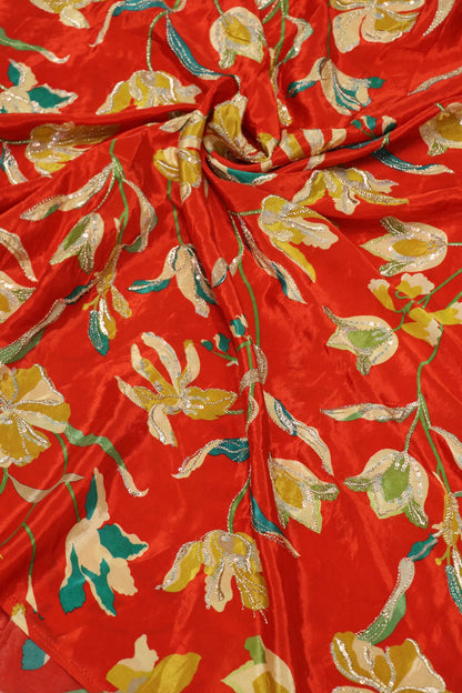 Pure Natural Crepe Floral Printed Fabric With Sequins and Zari Thread