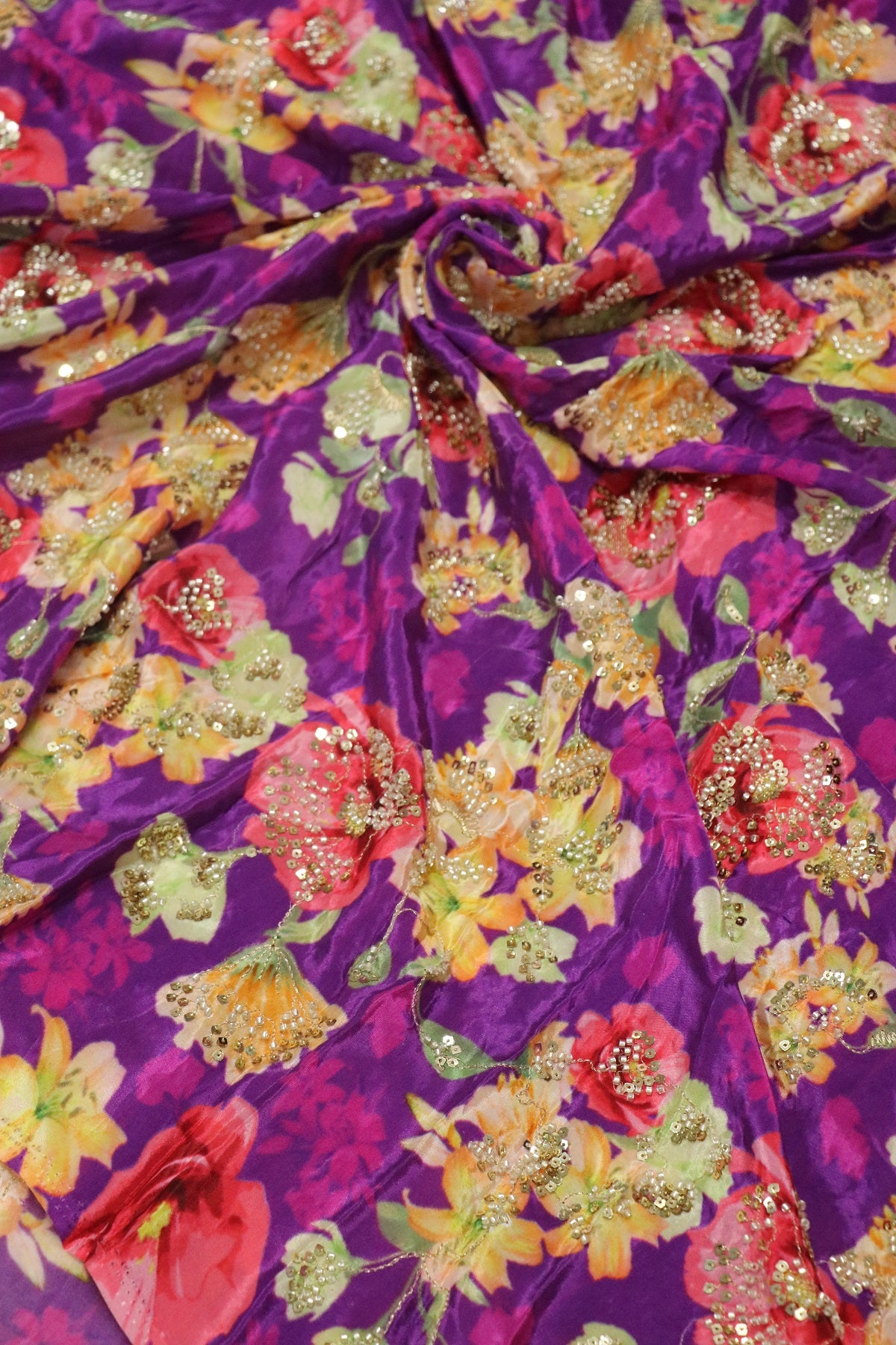 Pure Natural Crepe Floral Bunches Cut Beadwork Fabric
