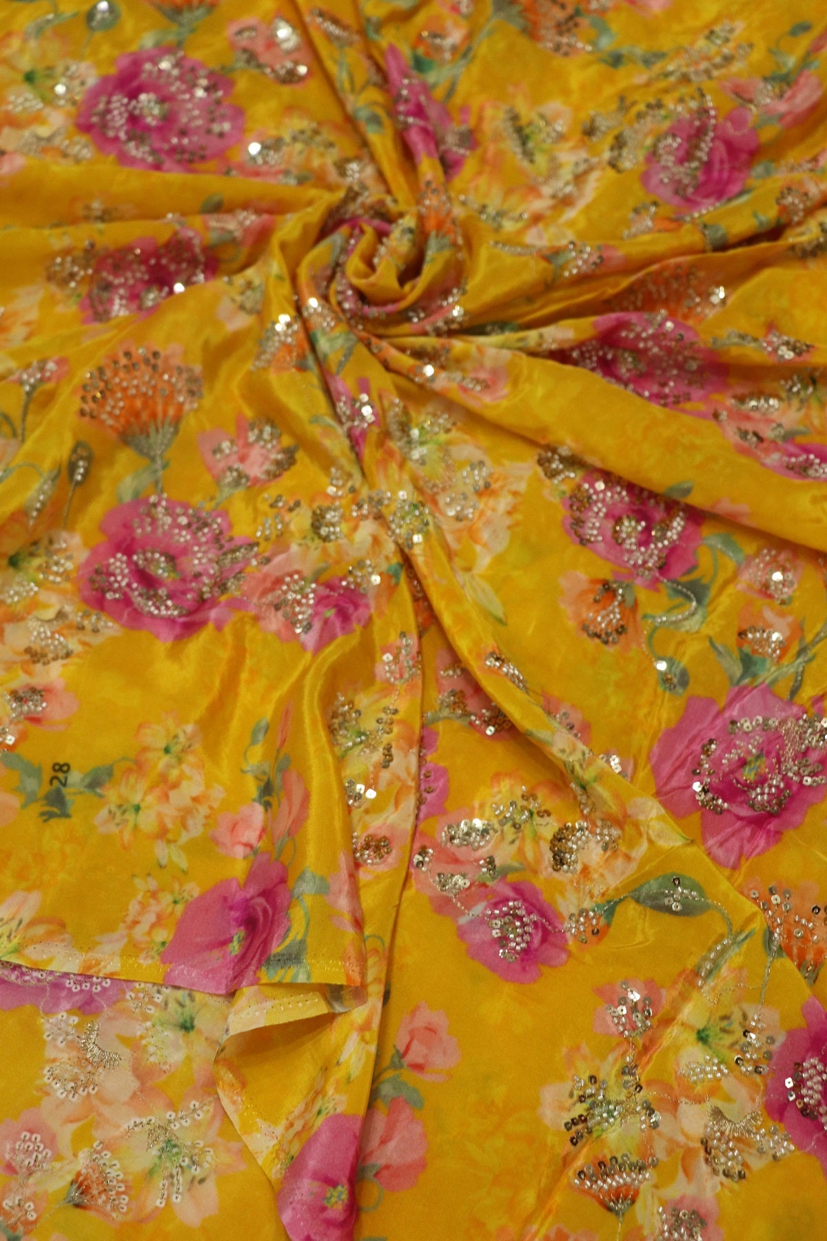 Pure Natural Crepe Floral Bunches Cut Beadwork Fabric