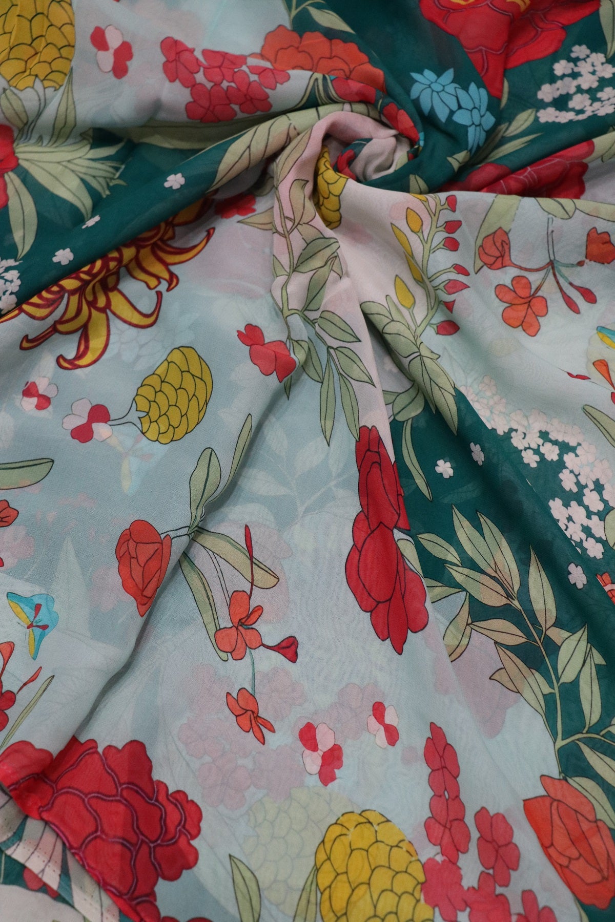 Pale Mint Green & Rama Green Floral Printed Georgette Fabric