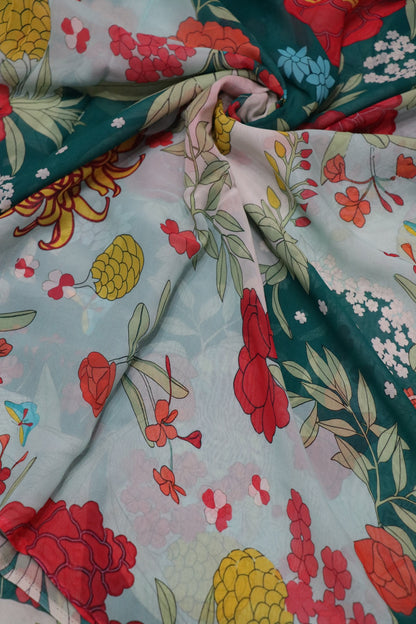 Pale Mint Green & Rama Green Floral Printed Georgette Fabric