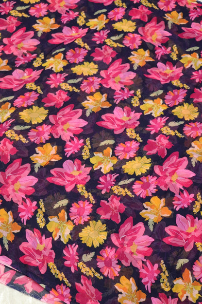 Deep Midnight Blue With Pink& Yeloow Floral Printed Georgette Fabric