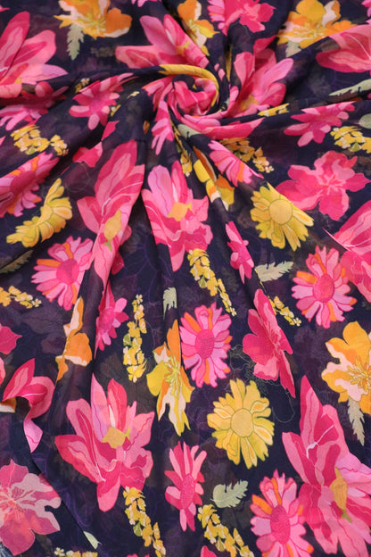 Deep Midnight Blue With Pink& Yeloow Floral Printed Georgette Fabric