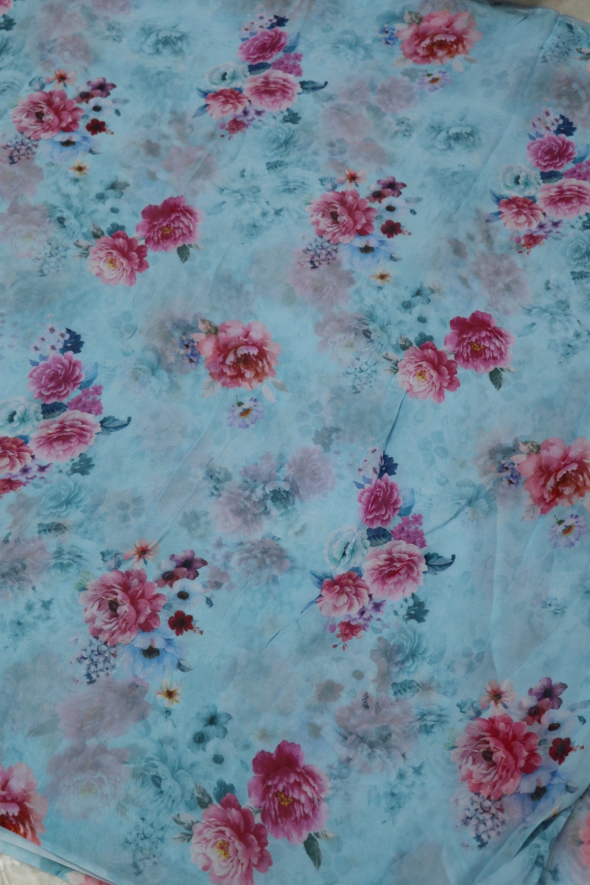 Thalassa Blue Rose Floral Printed Georgette Fabric