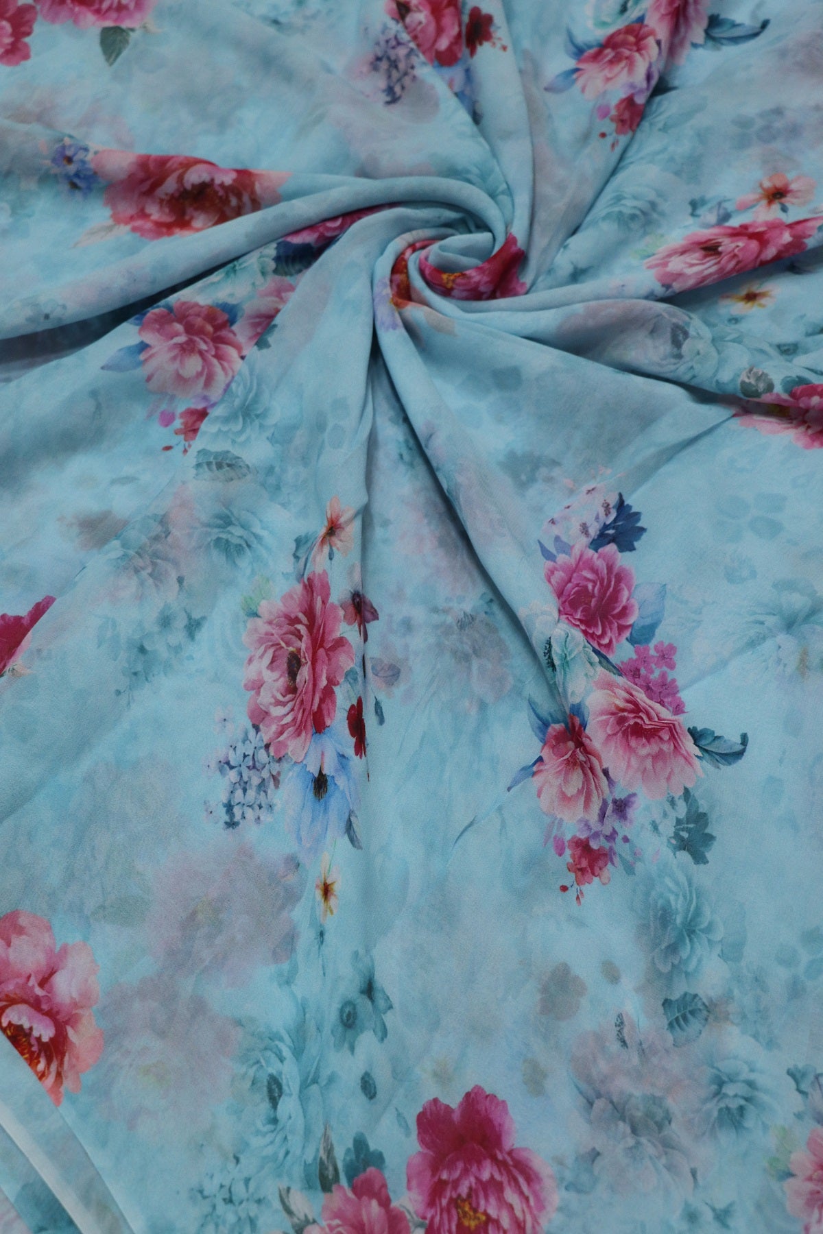 Thalassa Blue Rose Floral Printed Georgette Fabric