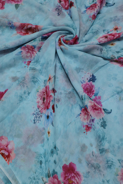 Thalassa Blue Rose Floral Printed Georgette Fabric
