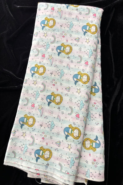 Mermaid & Rainbow Theme Printed Cambric Cotton Fabric