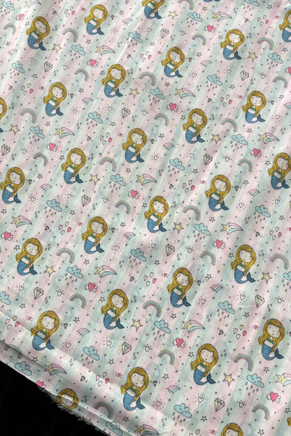 Mermaid & Rainbow Theme Printed Cambric Cotton Fabric