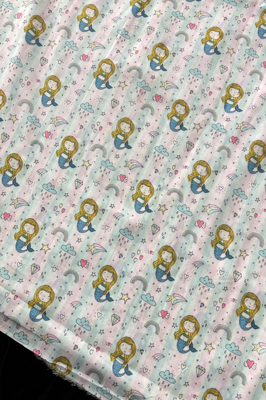 Mermaid & Rainbow Theme Printed Cambric Cotton Fabric