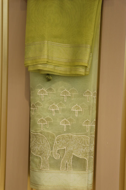 Pure Organza Elephant & Umbrella Themed Applique Worked Dupattas