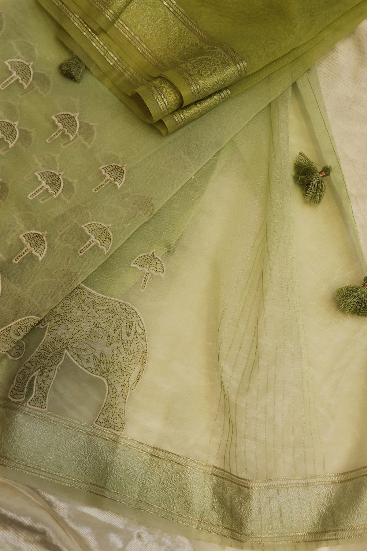 Pure Organza Elephant & Umbrella Themed Applique Worked Dupattas