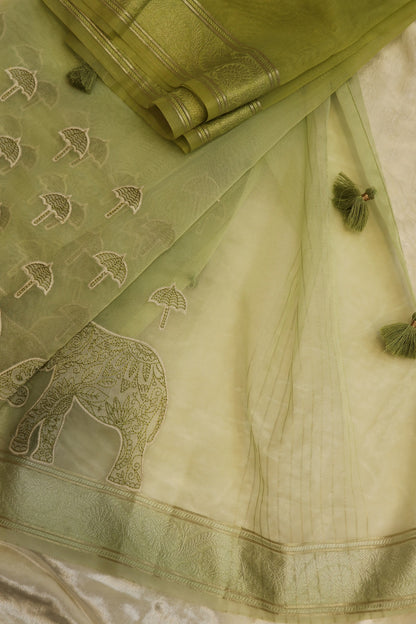Pure Organza Elephant & Umbrella Themed Applique Worked Dupattas