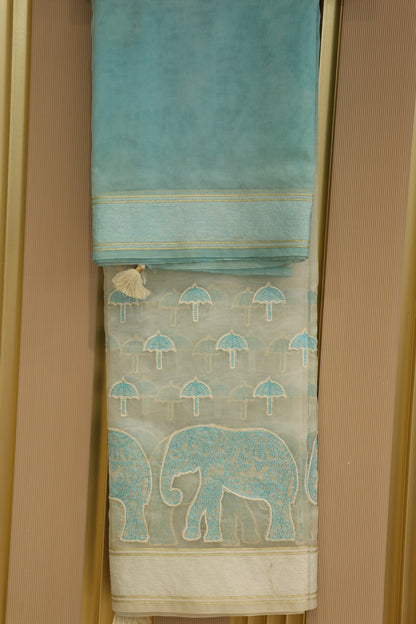 Pure Organza Elephant & Umbrella Themed Applique Worked Dupattas