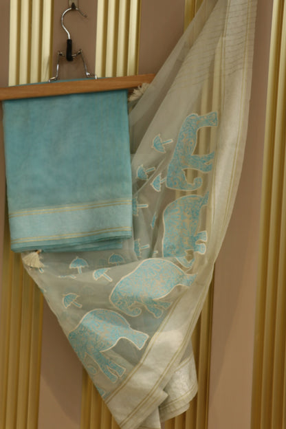 Pure Organza Elephant & Umbrella Themed Applique Worked Dupattas