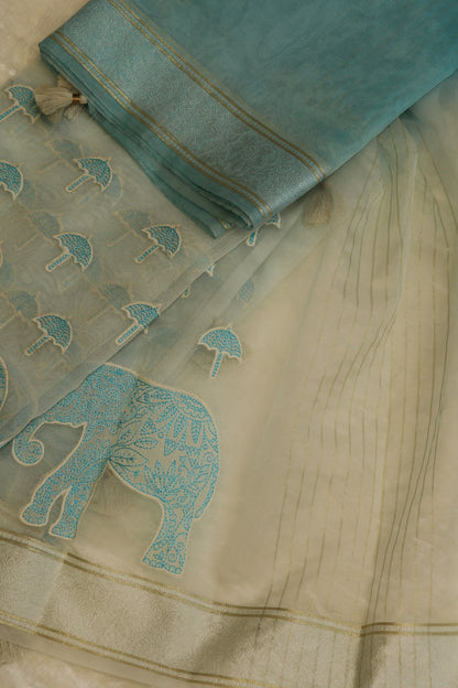 Pure Organza Elephant & Umbrella Themed Applique Worked Dupattas