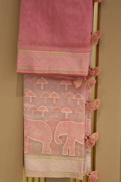 Pure Organza Elephant & Umbrella Themed Applique Worked Dupattas