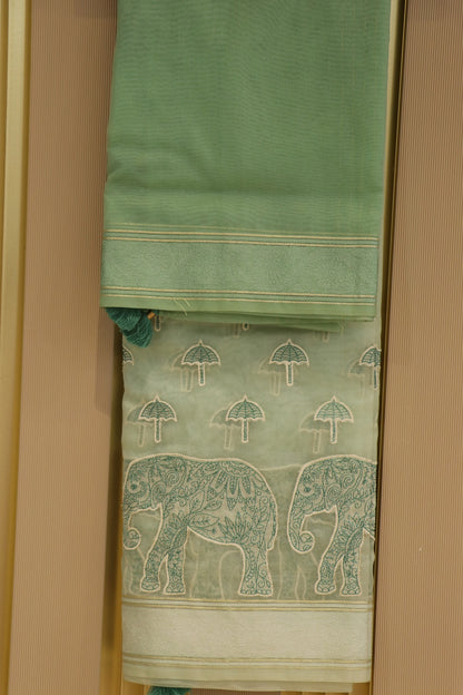 Pure Organza Elephant & Umbrella Themed Applique Worked Dupattas