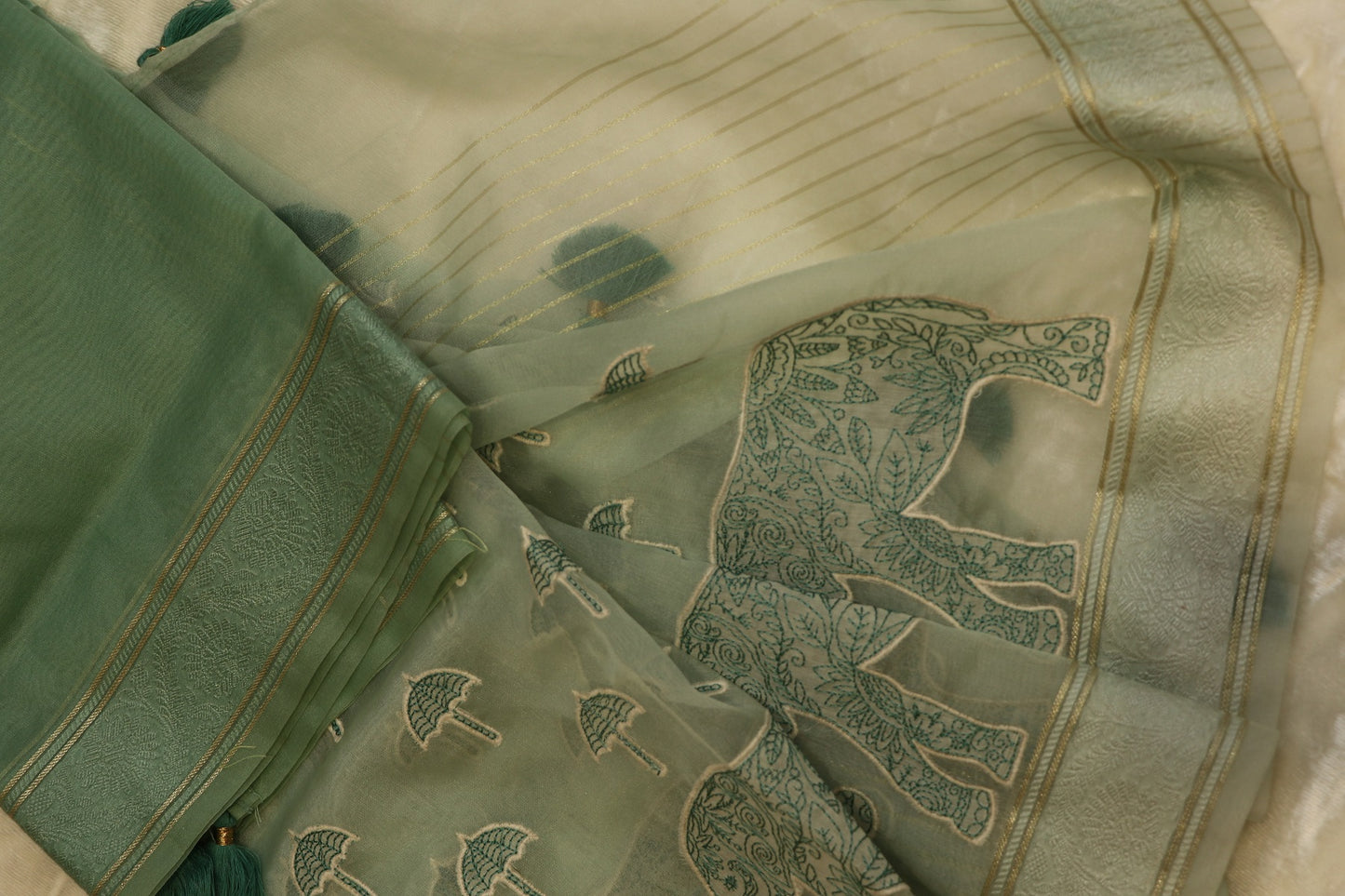 Pure Organza Elephant & Umbrella Themed Applique Worked Dupattas