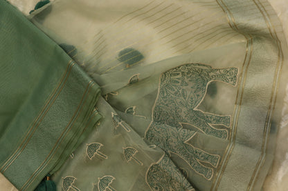 Pure Organza Elephant & Umbrella Themed Applique Worked Dupattas