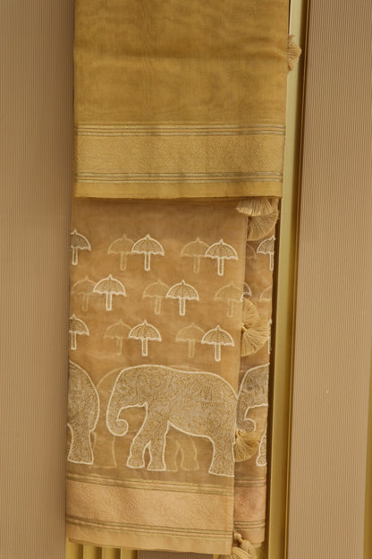 Pure Organza Elephant & Umbrella Themed Applique Worked Dupattas