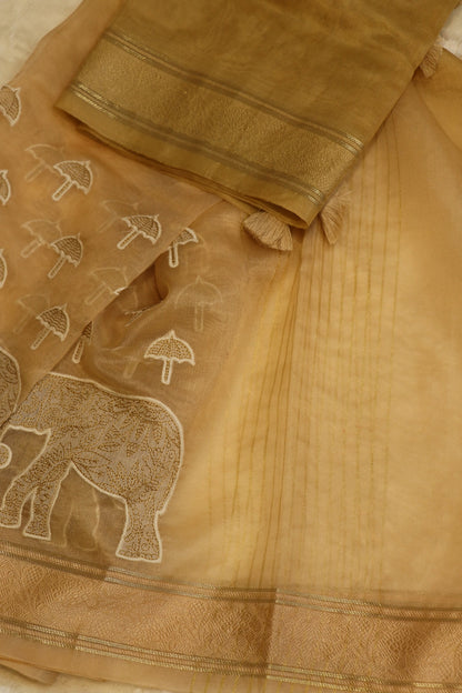 Pure Organza Elephant & Umbrella Themed Applique Worked Dupattas