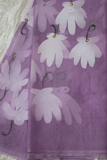 Hand Brush Painted Organza Saree Fabric (5.5Mtr)