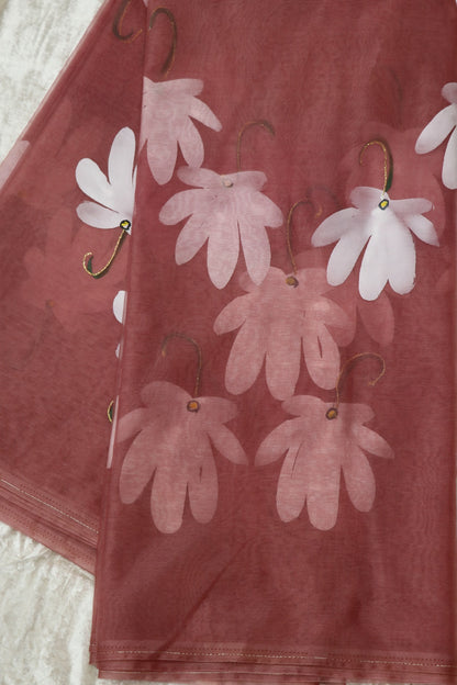 Hand Brush Painted Organza Saree Fabric (5.5Mtr)