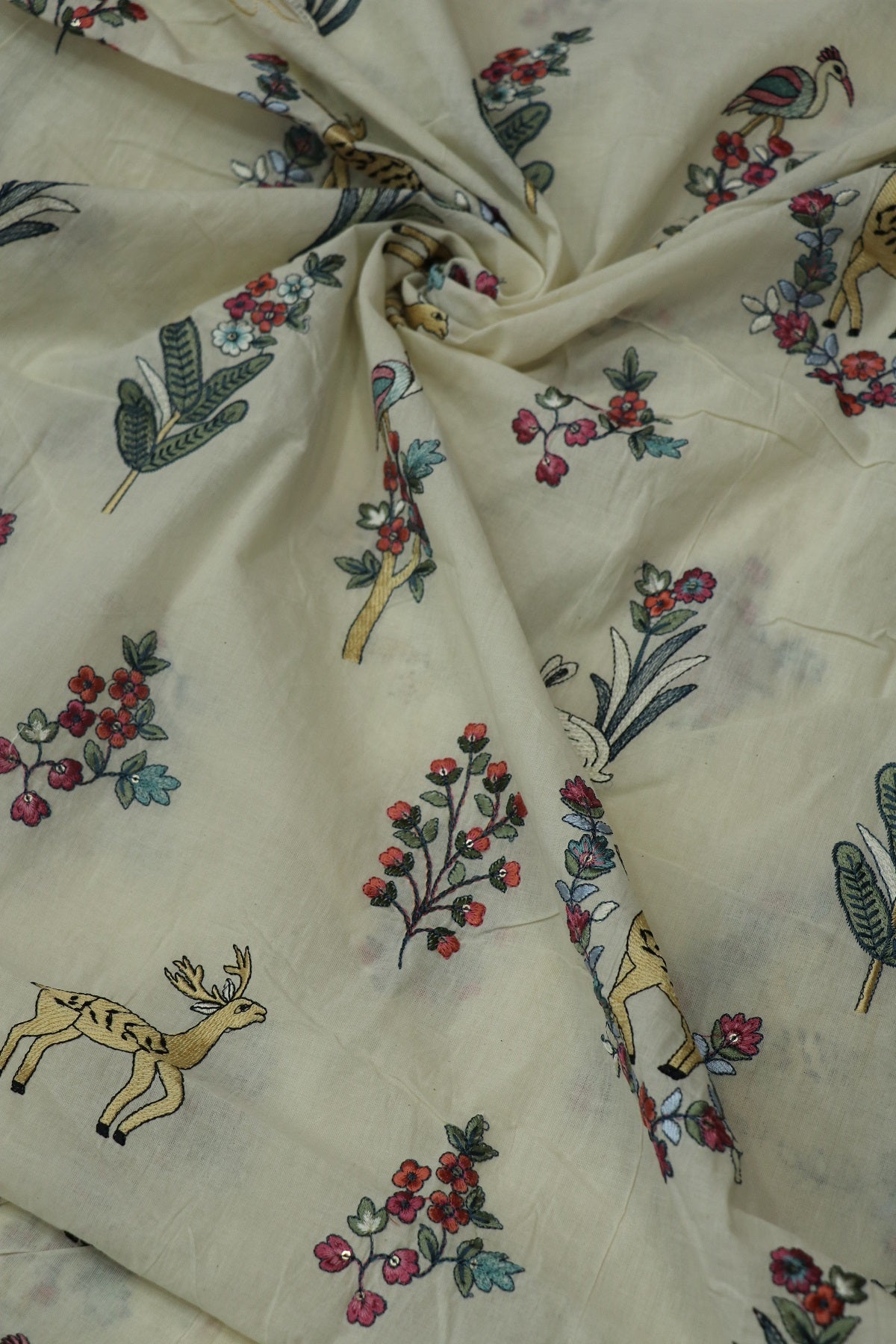 Multi Color Thread Jungle Theme Embroidered Kora Cotton Fabric