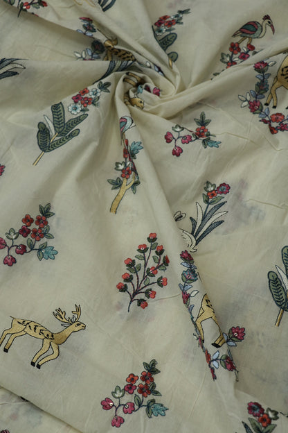 Multi Color Thread Jungle Theme Embroidered Kora Cotton Fabric