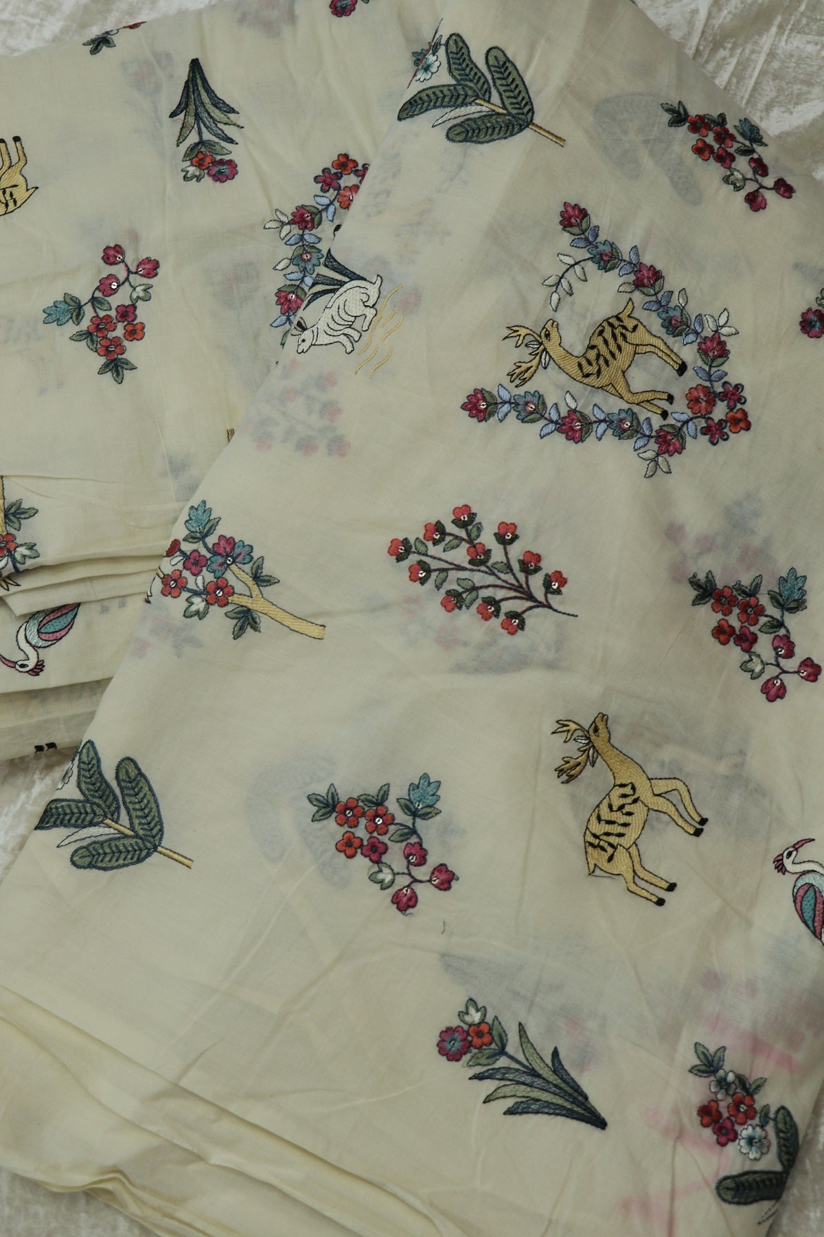 Multi Color Thread Jungle Theme Embroidered Kora Cotton Fabric