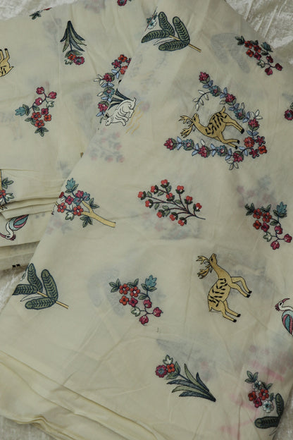 Multi Color Thread Jungle Theme Embroidered Kora Cotton Fabric