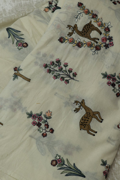 Multi Color Thread Jungle Theme Embroidered Kora Cotton Fabric