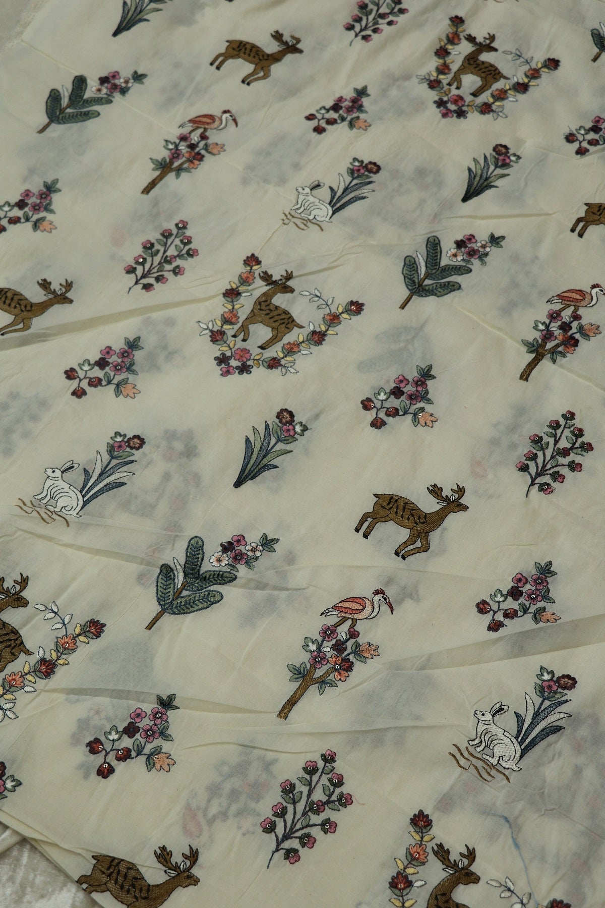 Multi Color Thread Jungle Theme Embroidered Kora Cotton Fabric