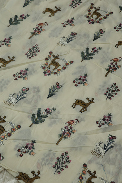 Multi Color Thread Jungle Theme Embroidered Kora Cotton Fabric