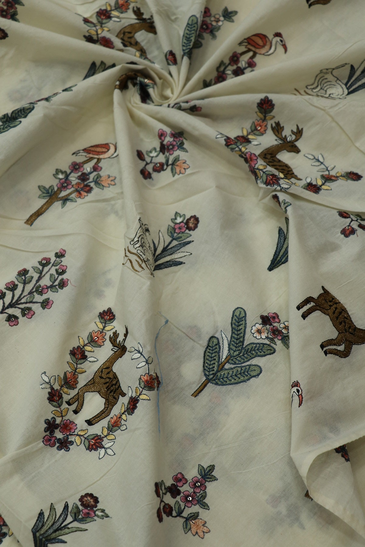 Multi Color Thread Jungle Theme Embroidered Kora Cotton Fabric