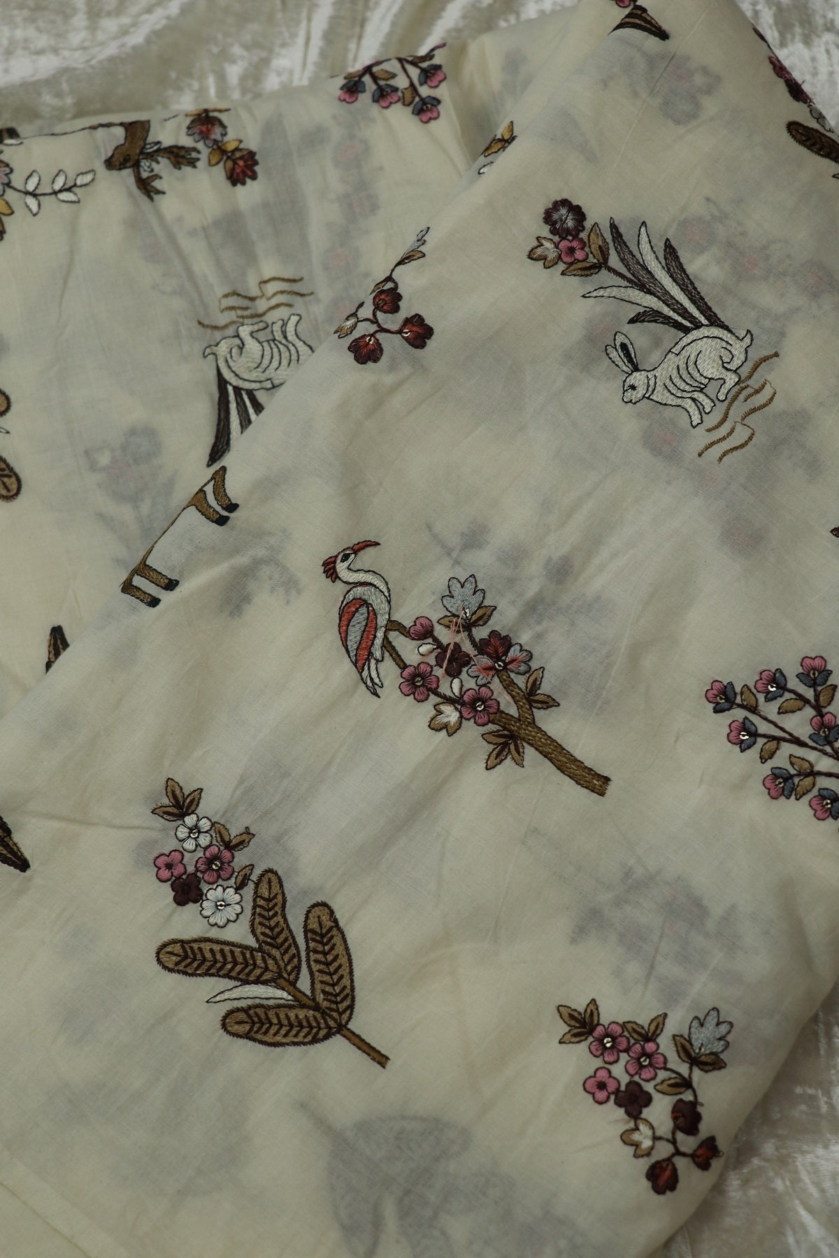 Multi Color Thread Jungle Theme Embroidered Kora Cotton Fabric