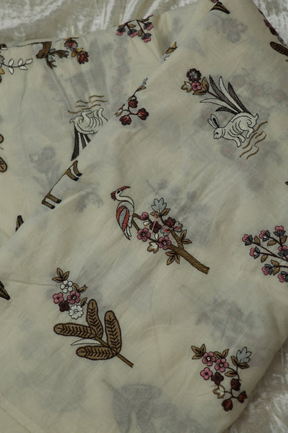 Multi Color Thread Jungle Theme Embroidered Kora Cotton Fabric