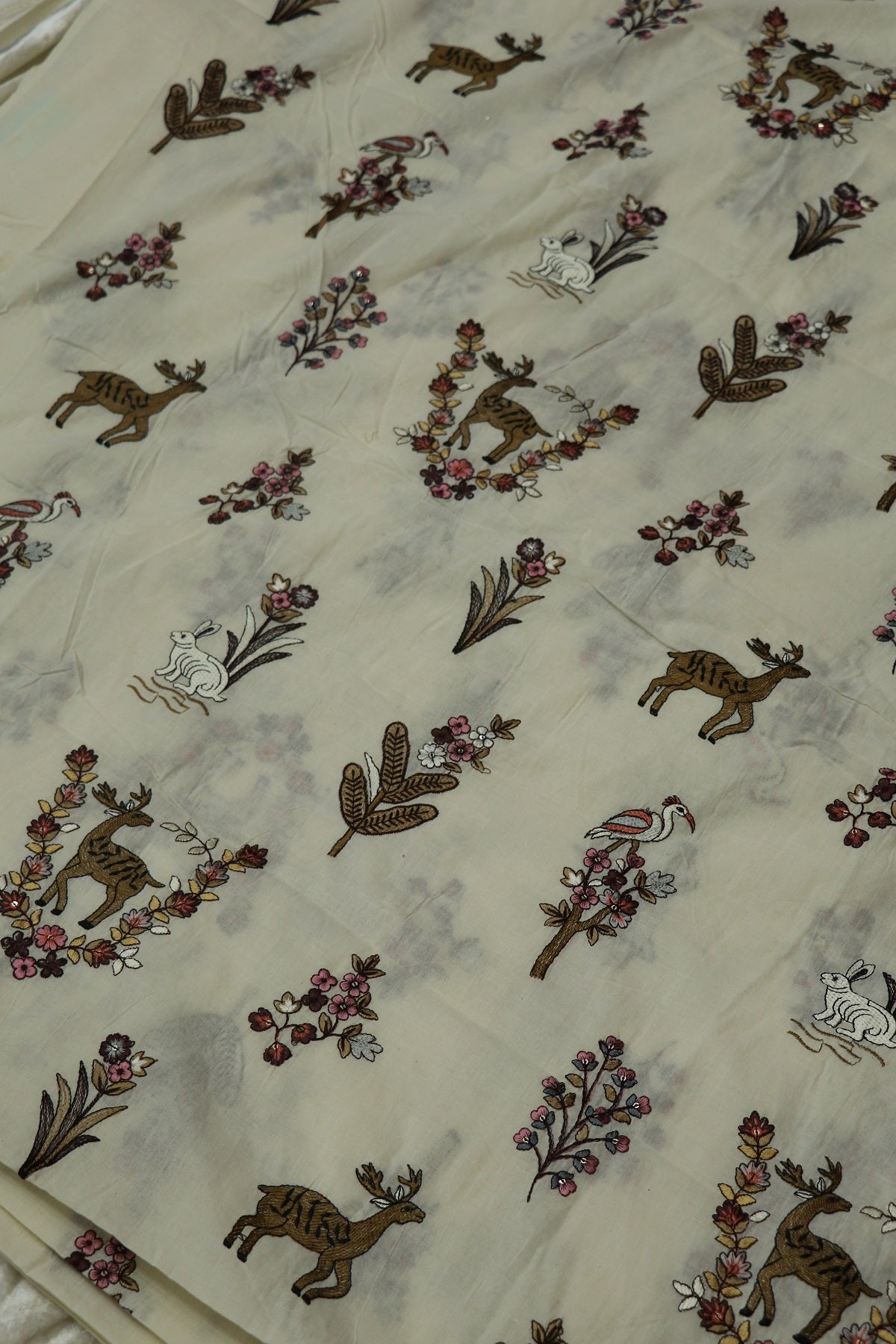 Multi Color Thread Jungle Theme Embroidered Kora Cotton Fabric