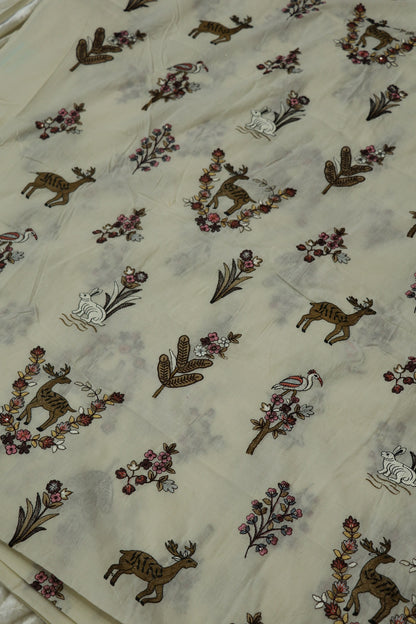 Multi Color Thread Jungle Theme Embroidered Kora Cotton Fabric